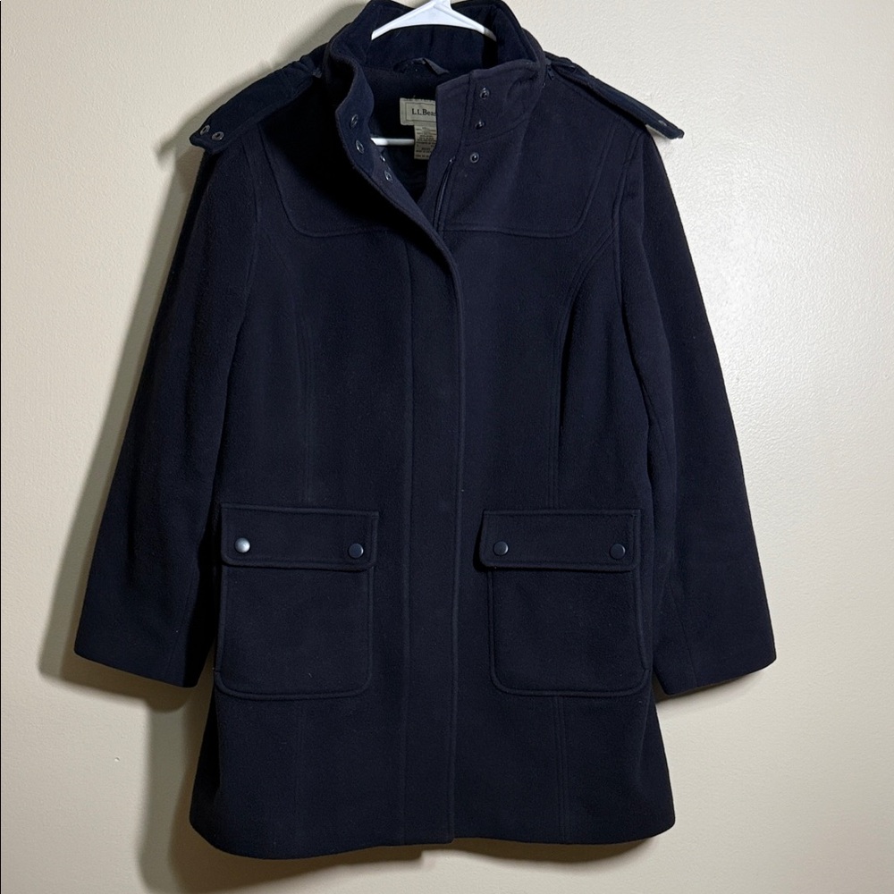 L.L. Bean Women’s Navy Blue Hooded Lambswool Pea Coat Size Large Petite